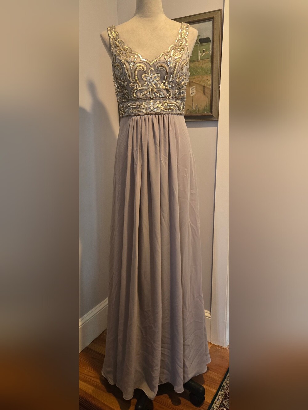 Sue Wong Platinum chiffon gown swirly sequined bodice sz 10